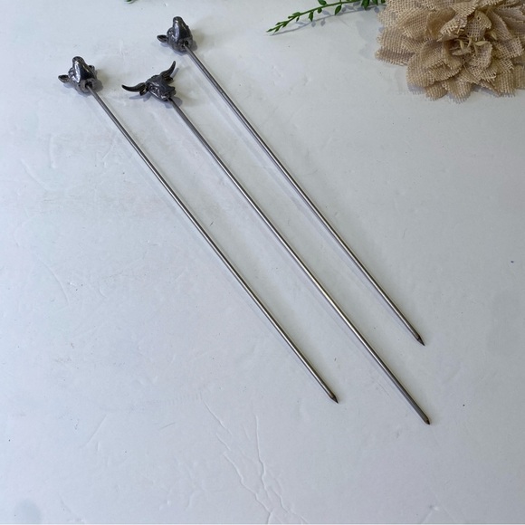 3 Vintage Metzke Pewter 1980 Pig Head Long Horn Steer Cattle 12.5" Long Skewers - Picture 1 of 10